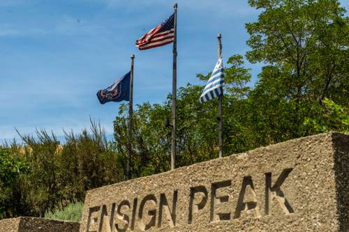 Chris Detrick  |  The Salt Lake Tribune
The Flag of Utah, American Flag and Deseret Flag at Ensign Peak Nature Park Wednesday July 1, 2015.