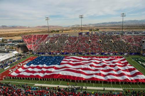 Chris Detrick  |  The Salt Lake Tribune
A giant American Flag on display during the Royal Purple Las Vegas Bowl at Sam Boyd Stadium Saturday December 20, 2014. Utah is winning the game 24-10 at halftime.