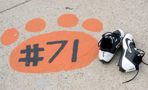 Al Hartmann |  The Salt Lake Tribune
Ogden High School's mascot is the "Tigers."  Painted Tiger paws line the football field. The team belongs in Class 4A purely by enrollment numbers, but the football program argued during recent UHSAA realignment meetings that, based on a historic lack of competitiveness, it should be dropped down a classification or two to allow the program to rebuild.