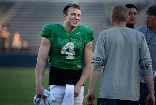 Scott Sommerdorf   |  The Salt Lake Tribune
QB Taysom Hill had a few throws and then prowled the sidelines as BYU football had it's first scrimmage, Friday, March 27, 2015.