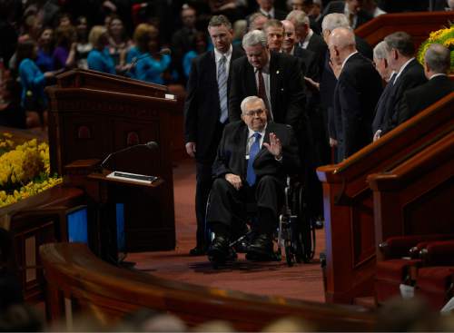 Scott Sommerdorf   |  The Salt Lake Tribune

Elder Boyd K. Packer leaves the afternoon session of the 184th General Conference of The Church of Jesus Christ of Latter-day Saints, Sunday, April 6, 2014.