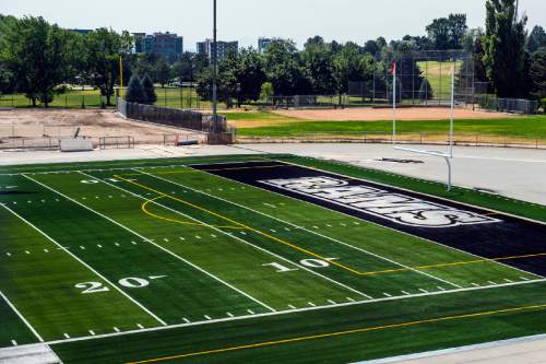 Chris Detrick  |  The Salt Lake Tribune
The artificial turf football field at Highland High School Friday July 3, 2015.