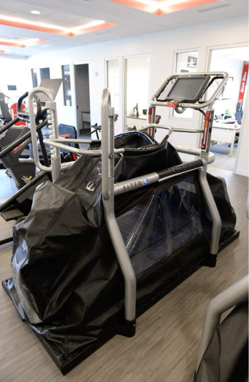 Francisco Kjolseth  |  The Salt Lake Tribune
Anti-gravity tread mills used for athlete rehabilitation are part of the  University of Utah's new state-of-the-art Sorenson Legacy Foundation High Performance Center next to the Huntsman Center.