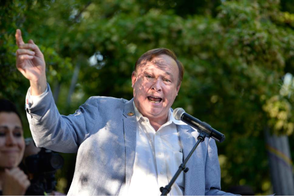 Scott Sommerdorf   |  The Salt Lake Tribune
Utah State Senator Jim Dabakis speaks at a rally in City Creek Park to celebrate the SCOTUS ruling, Friday, June 26, 2015. Dabakis went out of his way to list each category of society that was not affected by the ruling.