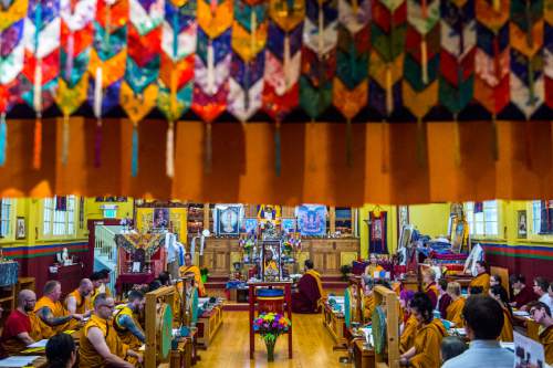 Chris Detrick  |  The Salt Lake Tribune
Lama Thupten Gyaltsen Dorje Rinpoche leads members of Sangha as they participate in the 9th annual Prayers for Compassion at Urgyen Samten Ling Gonpa Thursday July 2, 2015. Utah Buddhists at this traditional Tibetan temple in Salt Lake City will chant more than a million mantras in annual around-the-clock Prayers for Compassion for 2015, this year dedicated to helping rebuild earthquake-damaged Nepal.