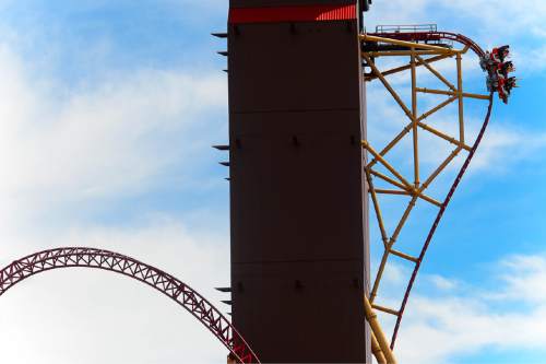 Trent Nelson  |  The Salt Lake Tribune
Riders on Lagoon's new thrill ride Cannibal, Wednesday July 8, 2015. The roller coaster plunges riders into a 116 degree free-fall and up to 70 mph.