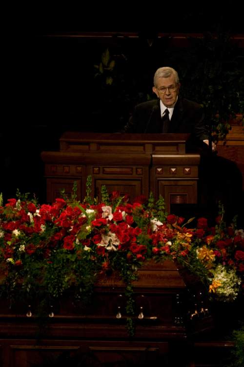 Chris Detrick  |  The Salt Lake Tribune

President Boyd K. Packer speaks during the funeral services for LDS President Gordon B. Hinckley on February 2, 2008.