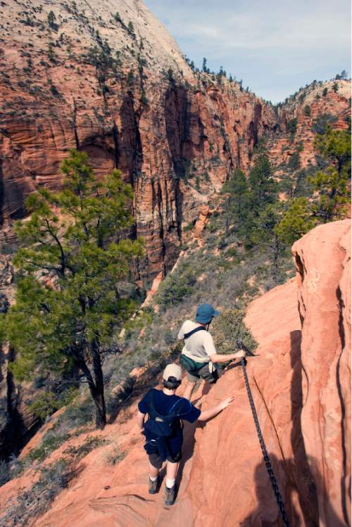 Al Hartmann  |  The Salt Lake Tribune 
Hikers carefully pick their way down the Angel's Landing Trail in Zion National Park.    It's one of the premier hikes in the park which takes the hiker up and a steep rock spine that climbs to a magnificent view of the Virgin River and Zion Canyon below.  The hikes is not for those with fear of heights.  An anchor chain is embedded in the rock in steep places along the trail that hikers can grab onto for safety.