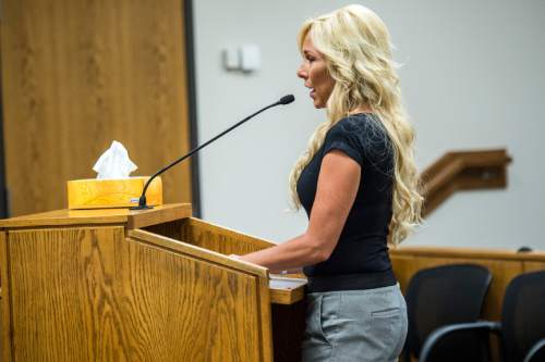 Chris Detrick  |  The Salt Lake Tribune
Nannette Wride speaks during the sentencing of Meagan Grunwald at 4th District Court in Provo Wednesday July 8, 2015.  Eighteen-year-old Meagan Grunwald was sentenced Wednesday to 25 years to life in prison for being an accomplice to the murder last year of Utah County Sheriff's Sgt. Cory Wride and the attempted murder of Deputy Greg Sherwood.