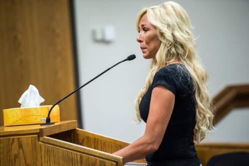 Chris Detrick  |  The Salt Lake Tribune
Nannette Wride speaks during the sentencing of Meagan Grunwald at 4th District Court in Provo Wednesday July 8, 2015.  Eighteen-year-old Meagan Grunwald was sentenced Wednesday to 25 years to life in prison for being an accomplice to the murder last year of Utah County Sheriff's Sgt. Cory Wride and the attempted murder of Deputy Greg Sherwood.