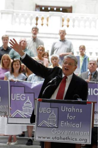 FRANCISCO KJOLSETH | The Salt Lake Tribune
Former state legislator Kim Burningham, a co-founder of Utahns for Ethical Government, announces Thursday that the group has collected enough signatures to place ethics reform on the 2012 ballot. The initiative, though, is likely headed to court before it ever appears before voters.