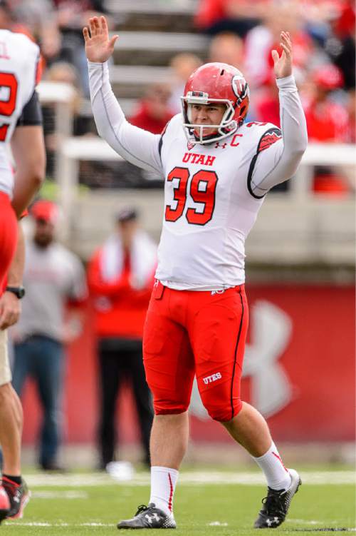 Trent Nelson  |  The Salt Lake Tribune
Andy Phillips celebrates a field goal at the Utah Football Red & White game in Salt Lake City, Saturday April 25, 2015.