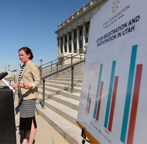 Trent Nelson  |  The Salt Lake Tribune
Mallory Bateman speaks as the Utah Foundation releases the final segment of a four-part series on the differences between the view of different generations in Utah, focusing on millennials, at a press conference at the State Capitol Building in Salt Lake City, Tuesday July 14, 2015.