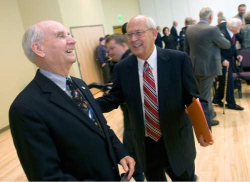 Al Hartmann |  Tribune file photo
Former Utah Senator Jake Garn, left, enjoys a laugh with Richard Richards, a former chairman of the Republican National Commitee at the Shepherd Union Building at Weber State University in 2009.  Richards was later honored in a ceremony where the Richard Richards Institute for Politics , Decency and Ethical Conduct at Weber State University was named in his honor.