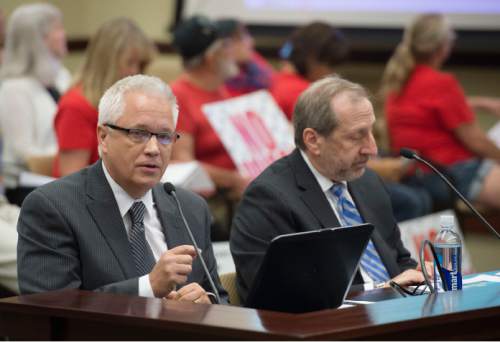 Steve Griffin  |  The Salt Lake Tribune


Consultants Brad Sassatelli, left, and Robert Nardi, outline preliminary reports on the four sites under consideration for a new prison in Utah during the Prison Relocation Commission meeting at the Utah State Capitol House Building in Salt Lake City, Thursday, July 16, 2015.