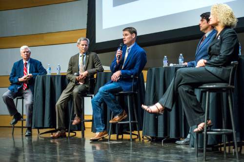 Chris Detrick  |  The Salt Lake Tribune
Businessman Dave Robinson speaks during a Salt Lake City Mayoral Debate at Salt Lake City's Main Library Thursday July 16, 2015.