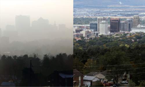 Rick Egan  |  The Salt Lake Tribune

This composite image shows the Salt Lake City skyline in a 2011 inversion (left) and in clear air conditions (right) Friday, Oct. 4, 2013.