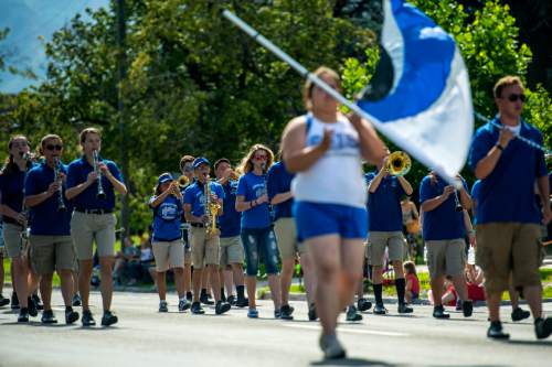 Chris Detrick  |  The Salt Lake Tribune
Members of the Stansbury High School Marching Stallions perform in the annual Days of '47 Youth Parade through downtown Salt Lake City Saturday, July 18, 2015.