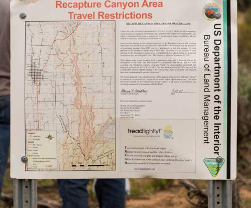 Trent Nelson  |  The Salt Lake Tribune
A sign lists restrictions to motorized travel in Recapture Canyon, which has been closed to motorized use since 2007. Saturday May 10, 2014 north of Blanding.