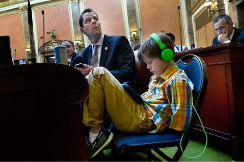 Scott Sommerdorf   |  The Salt Lake Tribune
Representative Jacob Anderegg, R-Lehi, looks up to see his vote in the Utah House of Representatives, as his son, Nathan, 10, occupies some time at his Dad's workplace by checking out a video on his tablet, Wednesday, February 25, 2015.