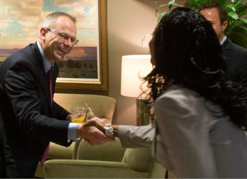 Rick Egan  |  Tribune file photo

Doug Owens shakes hands with Mia Love before the 4th District candidates answered questions separately at the Salt Lake Chamber of Commerce, Thursday, September 25, 2014. Owns recently announced his second bid to defeat Love.