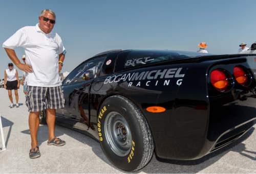 Trent Nelson  |  The Salt Lake Tribune
George Michel with the Corvette he's driving at the 64th annual Speed Week at the Bonneville Salt Flats, Utah Saturday, August 11, 2012.