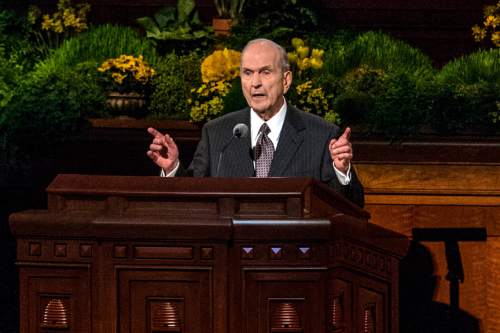 Chris Detrick  |  The Salt Lake Tribune

Elder Russell M. Nelson, Quorum of the Twelve Apostles, speaks during the afternoon session of General Conference of The Church of Jesus Christ of Latter-day Saints on Saturday, April 5, 2014. Nelson is now the president of the quorum.