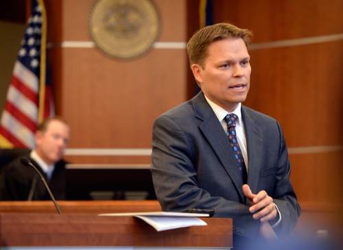 Al Hartmann  |  The Salt Lake Tribune
Salt Lake County prosecuter Nathan Evershed gives his closing arguments in Judge L. Douglas Hogan's courtroom in West Jordan Wednesday July 22 for former Canyons School District bus driver John Carrell who is charged with sexually molesting two 5-year-old girls who rode on his bus.