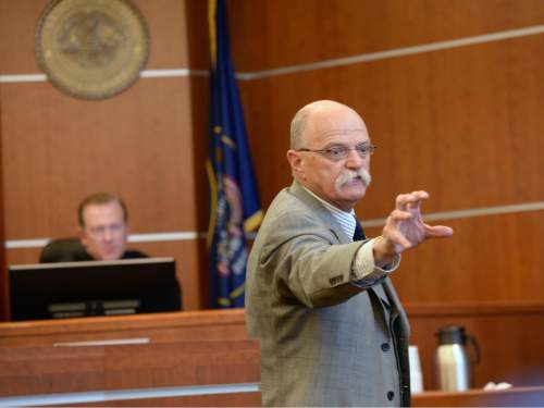 Al Hartmann  |  The Salt Lake Tribune
Defense lawyer Ron Yengich gives his closing arguments in Judge L. Douglas Hogan's courtroom in West Jordan Wednesday July 22 for his client, John Carrel,  a former Canyons School District bus driver who is charged with sexually molesting two 5-year-old girls who rode on his bus.