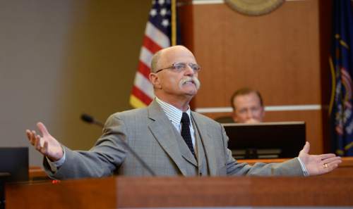 Al Hartmann  |  The Salt Lake Tribune
Defense lawyer Ron Yengich gives his closing arguments in Judge L. Douglas Hogan's courtroom in West Jordan Wednesday July 22 for his client, John Carrel,  a former Canyons School District bus driver who is charged with sexually molesting two 5-year-old girls who rode on his bus.