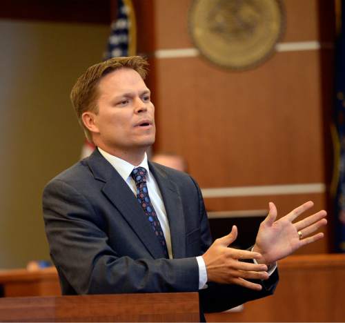 Al Hartmann  |  The Salt Lake Tribune
Salt Lake County prosecuter Nathan Evershed gives his closing arguments in Judge L. Douglas Hogan's courtroom in West Jordan Wednesday July 22 for former Canyons School District bus driver John Carrell who is charged with sexually molesting two 5-year-old girls who rode on his bus.