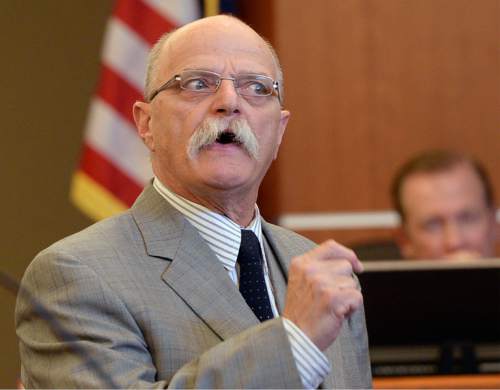 Al Hartmann  |  The Salt Lake Tribune
Defense lawyer Ron Yengich gives his closing arguments in Judge L. Douglas Hogan's courtroom in West Jordan Wednesday July 22 for his client, John Carrel,  a former Canyons School District bus driver who is charged with sexually molesting two 5-year-old girls who rode on his bus.