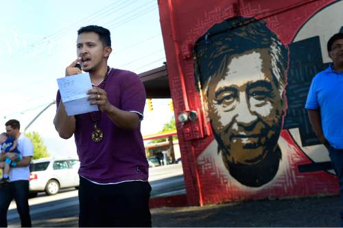 Scott Sommerdorf   |  The Salt Lake Tribune
An open mic was offered to people who came to support the Azteca De Oro Taqueria restaurant and it's mural of Cesar Chavez and Dolores Huerta on its north wall, Thursday, July 23, 2015.