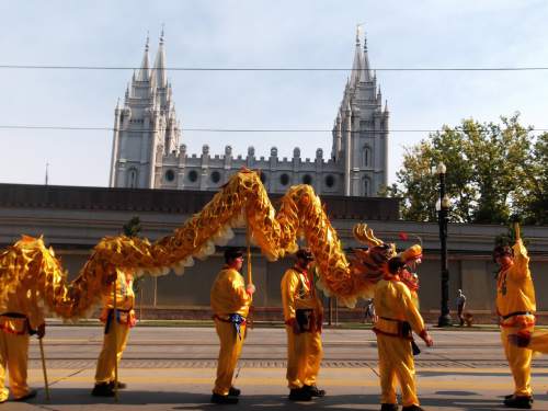 Sean P. Means  |  The Salt Lake Tribune
A Chinese Dragon, representing the Chinese Society of Utah (Taiwan), stops in front of the Salt Lake Temple waiting for its turn in the 2014 Days of '47 Parade in Salt Lake City, Thursday, July 24, 2014.