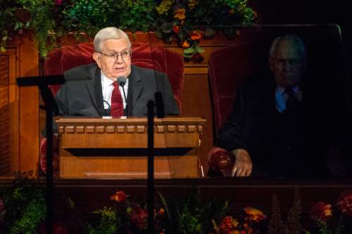 Chris Detrick  |  The Salt Lake Tribune

Boyd K. Packer, President of the Quorum of the Twelve Apostles, speaks during the morning session of the 184th Semiannual General Conference of The Church of Jesus Christ of Latter-day Saints at the Conference Center in Salt Lake City Saturday October 4, 2014.