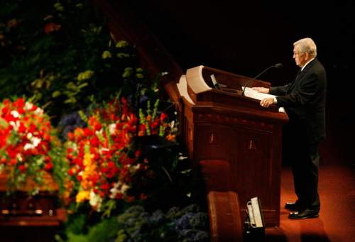 Paul Fraughton  |  The Salt Lake Tribune

President Boyd K. Packer speaks at the funeral services for LDS Church President Gordon B. Hinckley on Saturday, February 2, 2008 at the Conference Center in Salt Lake City.