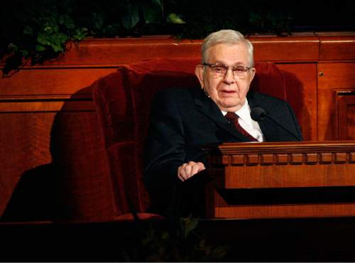 Scott Sommerdorf   |  The Salt Lake Tribune
President Boyd K. Packer, of the Quorum of the Twelve, speaks from his chair at the 182nd annual General Conference of The Church of Jesus Christ of Latter-day Saints in 2012. Packer died July 3, 2015, at his home in Salt Lake City. He was 90.
