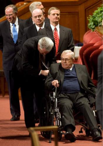 Kim Raff | The Salt Lake Tribune

Boyd K. Packer, of the Quorum of the Twelve Apostles, is helped out of the conference center after the early session of the 182nd Annual General Conference of The Church of Jesus Christ of Latter-day Saints on April 1, 2012.