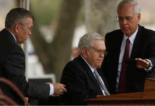 Leah Hogsten  |  The Salt Lake Tribune

President Boyd K. Packer (seated) of the Quorum of the Twelve delivers his address during the groundbreaking for a new LDS temple in Brigham City, Utah, on July 31, 2010.