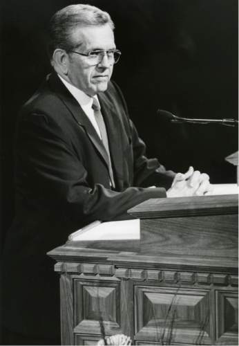 Tribune file photo 

Boyd K. Packer speaks at General Conference.