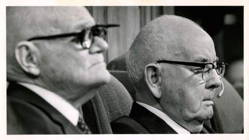Tribune file photo

Spencer W. Kimball, right, president of The Church of Jesus Christ of Latter-day Saints, presides over a session of General Conference in October 1978.