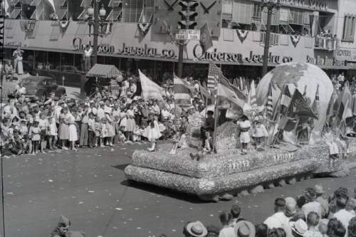 |  Salt Lake Tribune file photo

A United Nations themed float makes its way along Main Street during the 1947 Days Of '47 Parade.