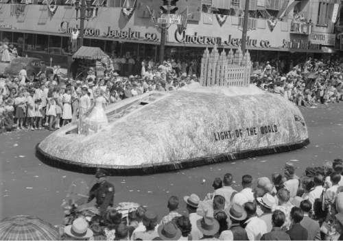 |  Salt Lake Tribune file photo

A Salt Lake Temple themed float makes its way along Main Street during the 1947 Days Of '47 Parade.