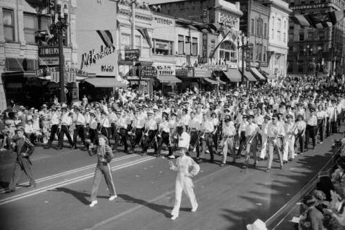 |  Salt Lake Tribune file photo

A marching made up of musicians from a variety if high schools performs in the 1947 Days Of '47 Parade.