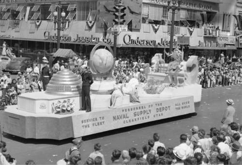 |  Salt Lake Tribune file photo

The Naval Supply Depot float makes its way along Main Street during the 1947 Days Of '47 Parade.