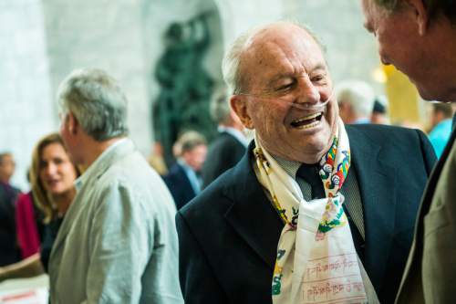 Tribune file photo by Chris Detrick  |  

Snowbird Ski & Summer Resort co-founder Dick Bassshared a laugh with an old friend during a State Capitol ceremony on June 18, 201, which Gov. Gary . Herbert declared as "Dick Bass Day" in Utah.