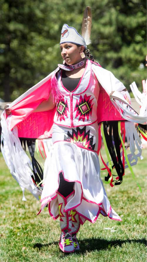 Rick Egan  |  The Salt Lake Tribune

Jennilee Kanosh, LaVerkin, from the Piaute tribe, dances in the Days of '47 Pow Wow, at Liberty Park, Friday, July 24, 2015.