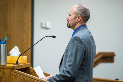 Chris Detrick  |  The Salt Lake Tribune
 Deputy Greg Sherwood speaks during the sentencing of Meagan Grunwald at 4th District Court in Provo Wednesday July 8, 2015.  Eighteen-year-old Meagan Grunwald was sentenced Wednesday to 25 years to life in prison for being an accomplice to the murder last year of Utah County Sheriff's Sgt. Cory Wride and the attempted murder of Deputy Greg Sherwood.
