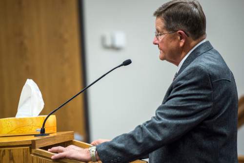 Chris Detrick  |  The Salt Lake Tribune
Blake Wride speaks during the sentencing of Meagan Grunwald at 4th District Court in Provo Wednesday July 8, 2015.  Eighteen-year-old Meagan Grunwald was sentenced Wednesday to 25 years to life in prison for being an accomplice to the murder last year of Utah County Sheriff's Sgt. Cory Wride and the attempted murder of Deputy Greg Sherwood.
