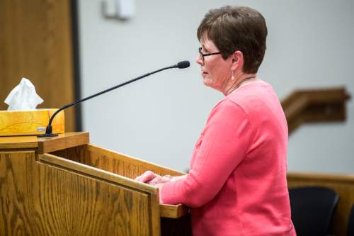Chris Detrick  |  The Salt Lake Tribune
Kathy Wride speaks during the sentencing of Meagan Grunwald at 4th District Court in Provo Wednesday July 8, 2015.  Eighteen-year-old Meagan Grunwald was sentenced Wednesday to 25 years to life in prison for being an accomplice to the murder last year of Utah County Sheriff's Sgt. Cory Wride and the attempted murder of Deputy Greg Sherwood.